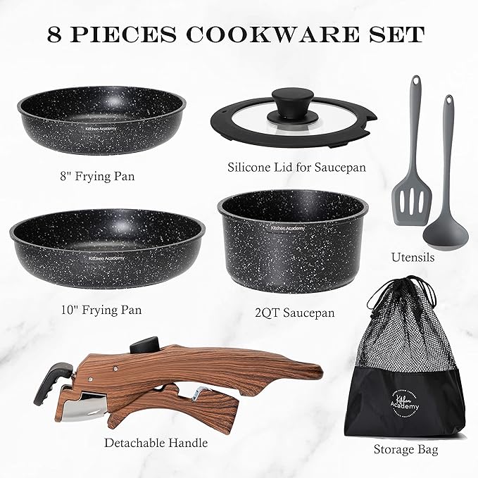 Kitchen Academy Removable Handle Induction Pots and Pans Set - 10 Piece Non-stick Cookware Sets, Black Granite Stackable RV Cookware for Camp