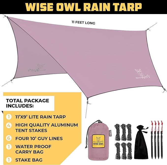 Wise Owl Outfitters Hammock Rain Fly – Waterproof Camping Tarp Cover with Tent Stakes & Carry Bag, Ultralight Shelter for Backpacking & Outdoor Shade