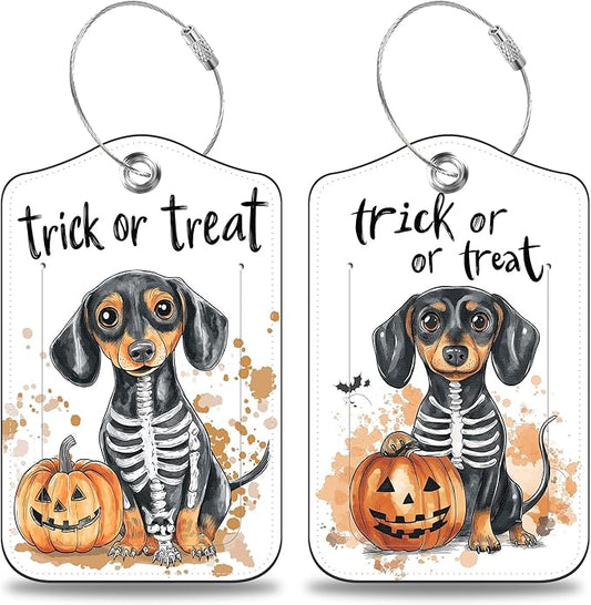 Halloween Funny Dachshund Dog and Pumpkin Set of 2 Luggage Tags for Suitcases Leather Suitcase Tags with Privacy Name Address Label and Stainless Steel Loop for Women Men Travel Luggage Accessories