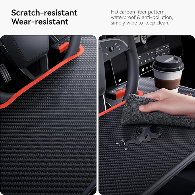 YONZEE 2-in-1 Car Steering Wheel Desk Tray & Car Seat Gap Filler Organizer – Foldable Carbon Fiber Look Table for Laptop, Eating, Writing – Universal Fit for Most Vehicles Orange