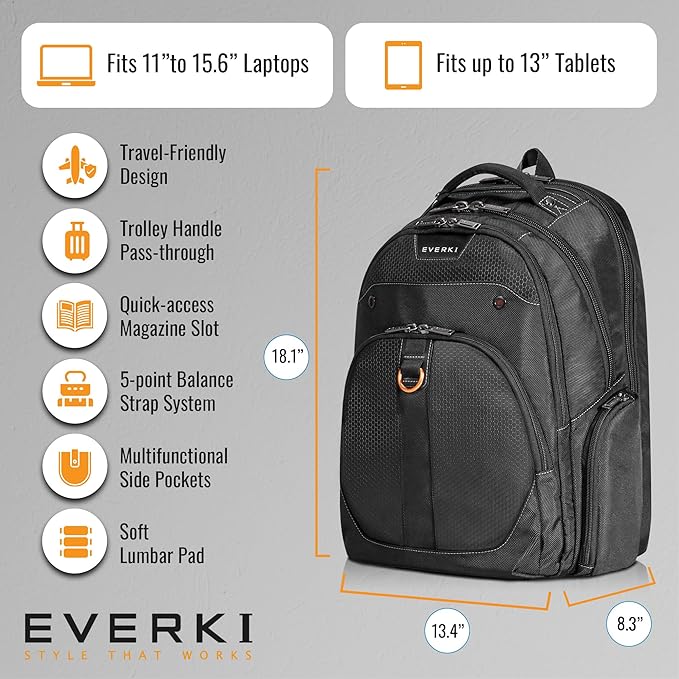 EVERKI Atlas 29.5L Business Laptop Backpack – Travel Backpack for Women & Men, Work/Travel Bag, Laptop Bag Fits 15.6-Inch, Backpack for Women, Men’s Laptop Bags – Black (EKP121S15)