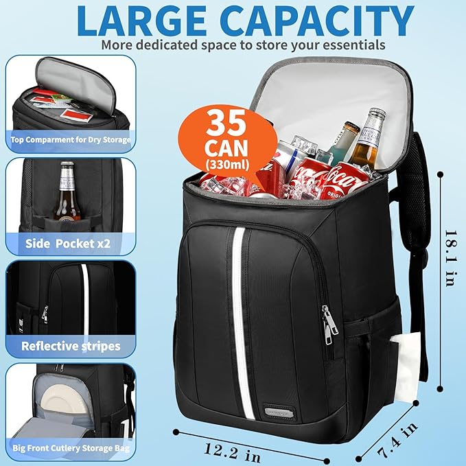 Backpack Cooler Insulated Leak Proof 35 Cans, 2 Insulated Compartments Thermal Bag, Portable Lightweight Beach Travel Camping Lunch Backpack for Men and Women, 30L, Reflective Stripes, Water-Resistant
