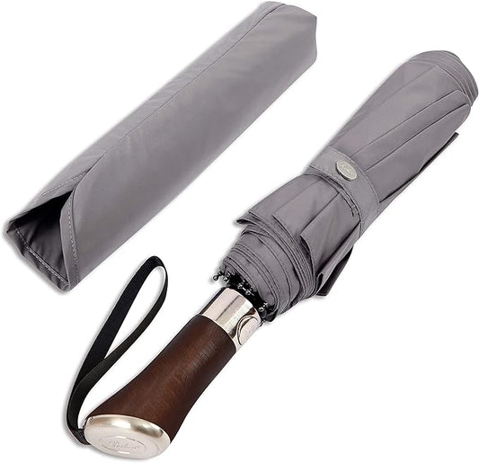 Balios (Designed in UK) Travel Umbrella Luxurious Golden Hardwood Handle Auto Open & Close Windproof Frame Single Canopy Automatic Folding Umbrella Men's & Ladies