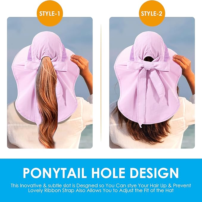 Womens Sun Hat UV Protection, Foldable Waterproof Wide Brim Bucket Hats with Neck Flap for Summer Beach Fishing Hiking