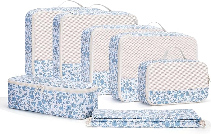 Narwey 7 Set Floral Packing Cubes for Travel Carry on Suitcase Luggage Organizer Bags for Kids Women Men, Durable Packing Organizers Bag, Travel Essentials Accessories (Little Blue Flower)