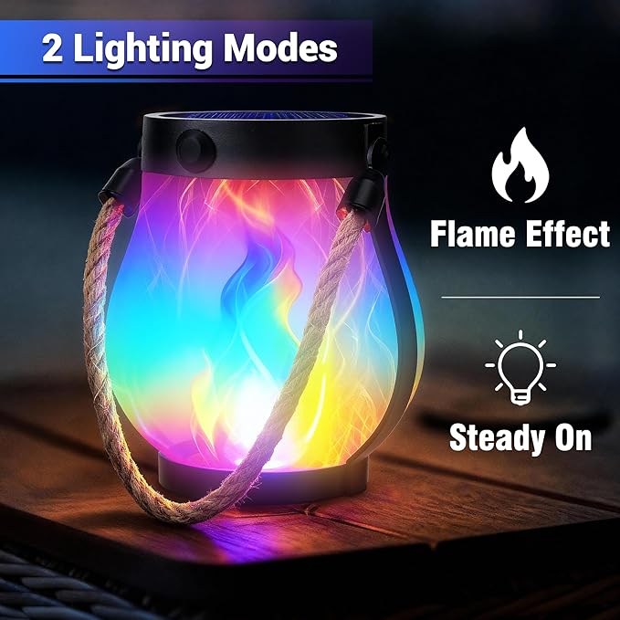 Christmas Solar Flame Lanterns Hanging Outdoor Waterproof - 2 Pack Flame Lanterns with Dual Charging Modes of Solar & USB for Garden or Yard Christmas Decorations (Multicolor - 2 Pack)