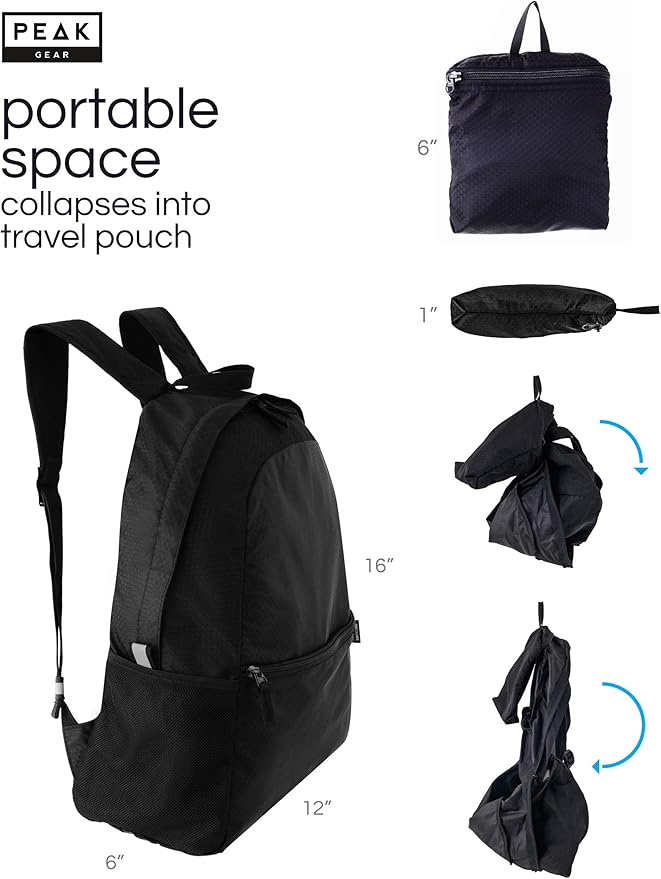 Peak Gear Foldable Backpack - Compact Packable Day Pack - Includes Lifetime Lost & Found ID