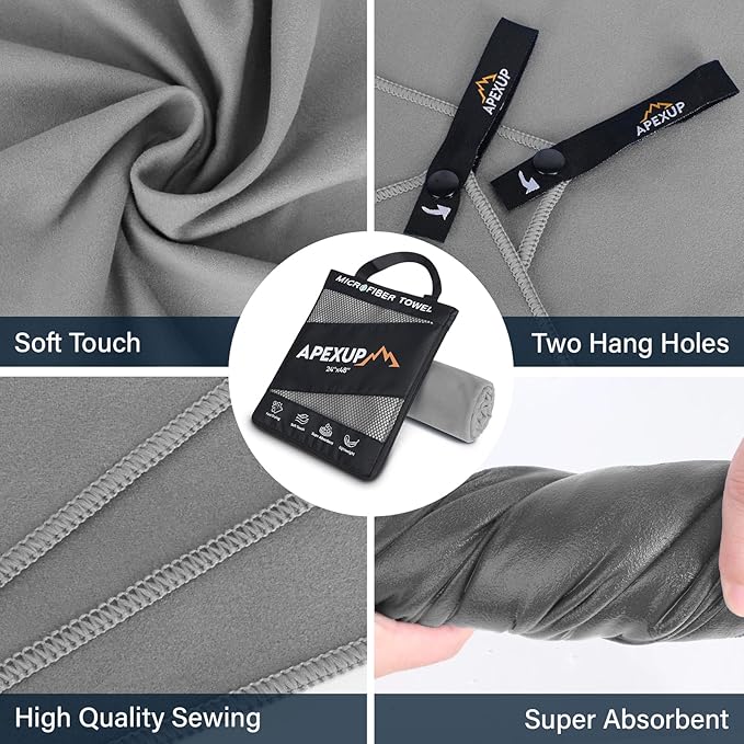 APEXUP Microfiber Travel Towel, Ultra Absorbent Quick Dry Towels, Lightweight Gym Sports Camping Towel for Workout, Yoga, Beach, Shower, Swimming (48"×24", Gray)