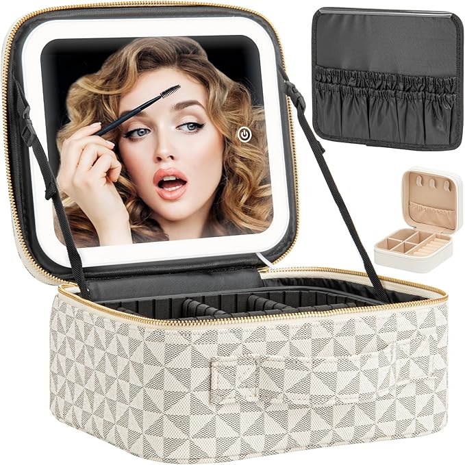 Makeup Travel Train Case with Mirror LED Light 3 Adjustable Brightness Large Cosmetic Bag Portable Storage Adjustable Partition Waterproof Makeup Brushes Make up Jewelry Gift for Women