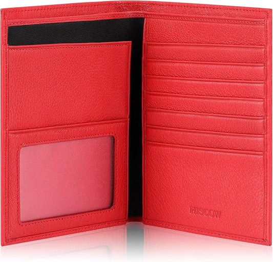HISCOW Italian Leather Passport Holder for Travel - RFID Blocking Wallet Cover with Secure Organizer for Men & Women, US & Foreign Trips, Red
