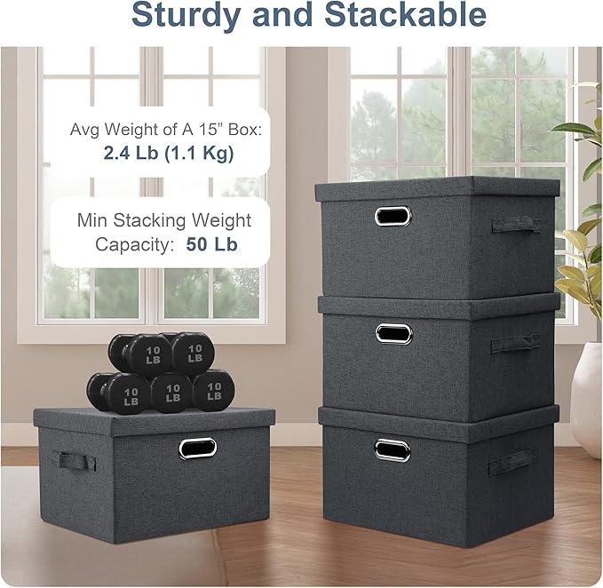 Medium 15" 21 Quart Collapsible Stackable Storage Bins with Lids, 3 Packs Dark Grey Foldable Fabric Closet Boxes Heavy-duty Linen Cube Baskets Container for Bedroom Office (15 x 11 x 8)