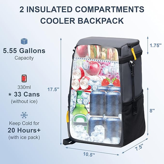 SPARTER Backpack Cooler Insulated Leak Proof 33/49 Cans, 2 Insulated Compartments Thermal Bag, Portable Lightweight Beach Travel Camping Lunch Backpack for Men and Women