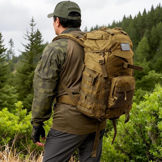 50L Tactical Backpack for Men and Women, Water-Resistant Molle Rucksack, Large Military Assault Pack for Hiking, Hunting, Camping, Gym & Outdoor Survival Khaki