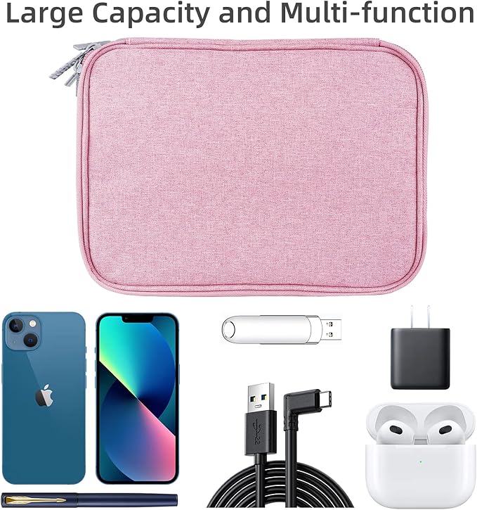 Electronic Organizer Travel Case, Travel Cable Bag, Water Resistant, Double Layers Pouch for Cables, Cords, iPad Mini, Gift for Women, Nylon, Pink, 9.5 x 6.9 x 1 Inch, 6.6 OZ