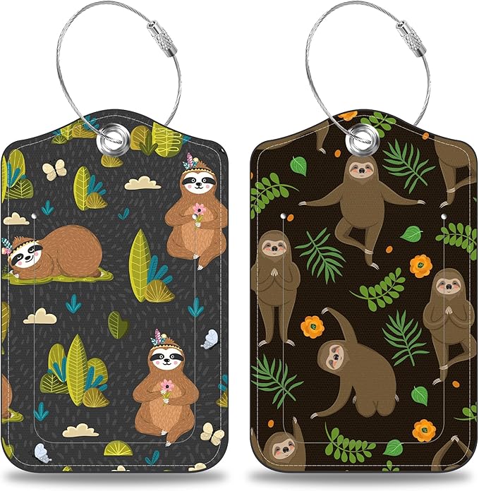 2 Pack Yoga Luggage Tags for Suitcases Funny Sloths Leather Luggage Tags Privacy Cover ID Label with Stainless Steel Loop and Address Card for Women Men Travel Bag Backpack