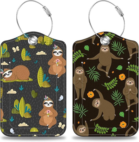 2 Pack Yoga Luggage Tags for Suitcases Funny Sloths Leather Luggage Tags Privacy Cover ID Label with Stainless Steel Loop and Address Card for Women Men Travel Bag Backpack