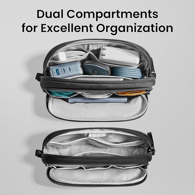 tomtoc Electronic Organizer Travel Case, Water Resistant Dual Compartment Tech Pouch Cable Organization Storage Bag for Charger, Cord, Phone, Hard Drive, Power Bank, Accessories Travel Essentials