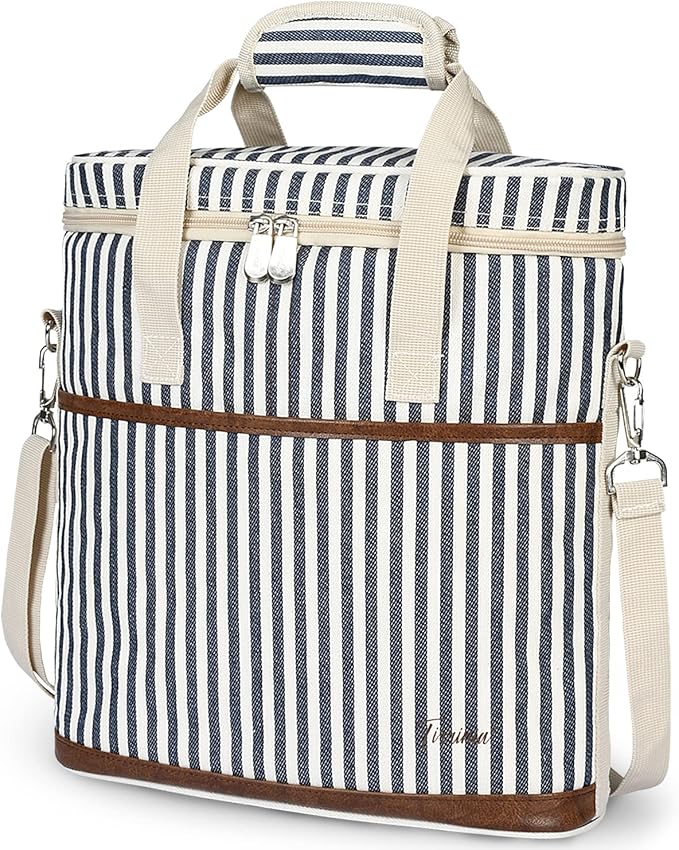 Tirrinia Insulated Wine Gift carrier - 3 Bottle Travel Padded Wine Carry Cooler Tote Bag with Handle and Adjustable Shoulder Strap, Stripe