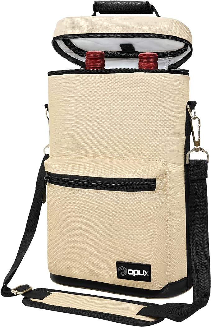 opux Wine Bag 2 Bottle Wine Tote Carrier, Insulated Wine Cooler Bag for Travel Picnic, Leakproof Portable Bottle Padded Case, Wine Gifts For Women Men Wine Lovers Christmas, Cream Beige