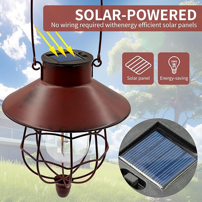 2 Pack Solar Lanterns Outdoor Waterproof Hanging Solar Lights with Vintage Metal Warm White Light Edison Bulb Design, Decorate for Garden Yard Porch and Christmas (Red)