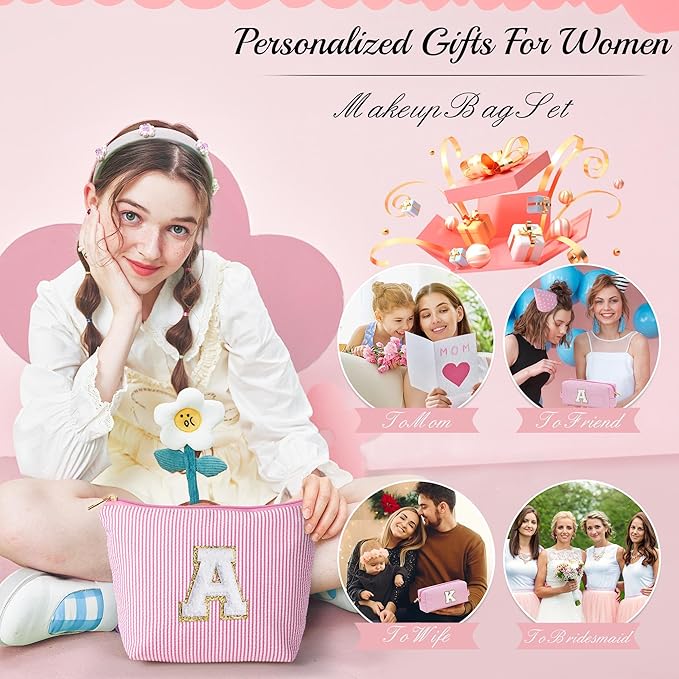 YOOLIFE Personalized Initial Makeup Bag for Women | Pink Cosmetic Travel Toiletry Bag | 11 12 13 14 15 16 Years Old Girl Gifts | Preppy Stuff Teen Girl Gift Trendy Stuff A