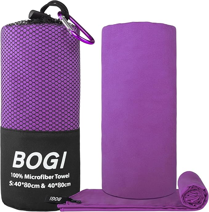 BOGI Microfiber Travel Sports Towel-Quick Dry Towel, Soft Lightweight Microfiber Camping Towel Absorbent Compact Travel Towel for Camping Gym Beach Yoga Swimming Backpacking (S:16''x32'',2Pcs-Purple)