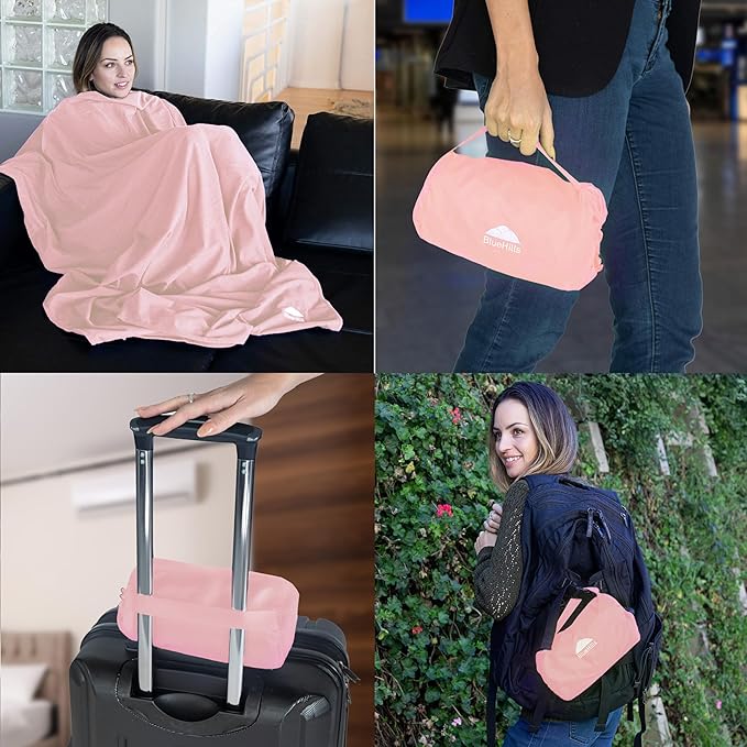 BlueHills Ultra Compact Travel Blanket Pillow in Portable Bag Case Soft with Strap Backpack Clip Premium Cozy Soft Compact Pack Large Blanket for Airplane Flight Layover - (Pink C006, 70 x 56 inch)