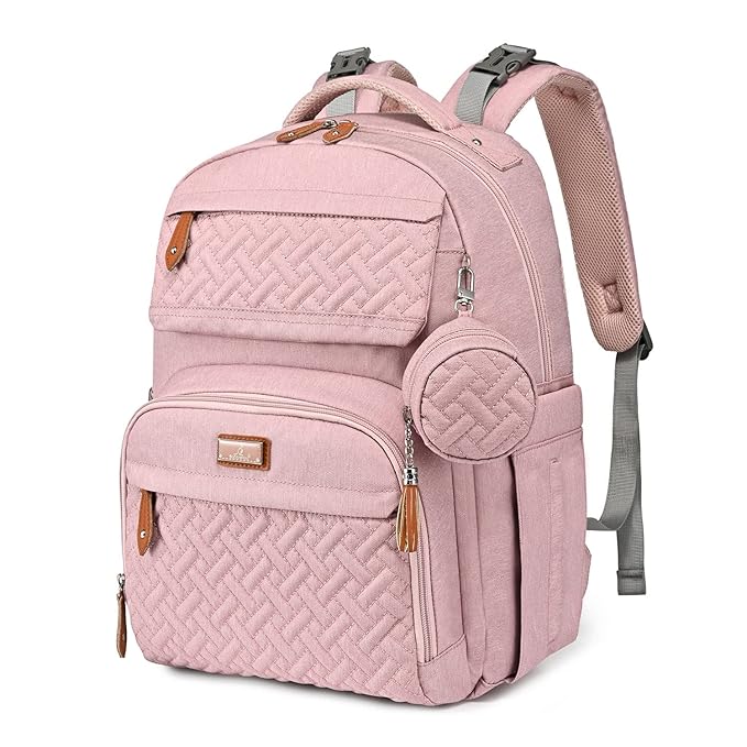 BabbleRoo Diaper Bag Backpack, Travel Backpack with Changing Pad, Pacifier Case & Stroller Straps, Multifunction, Waterproof, Unisex – Pink