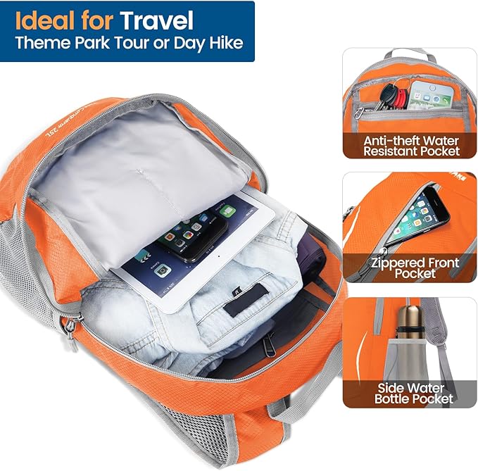ZOMAKE Ultra Lightweight Packable Backpack 25L, Foldable Hiking Backpacks Water Resistant Small Folding Daypack for Travel(Orange)