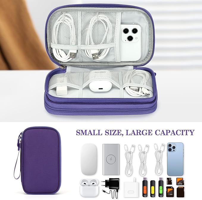 FYY Electronic Organizer, Travel Cable Organizer Bag Pouch Electronic Accessories Carry Case Portable Waterproof Double Layers Storage Bag for Cable, Charger, Phone, Earphone, Medium Size- Purple