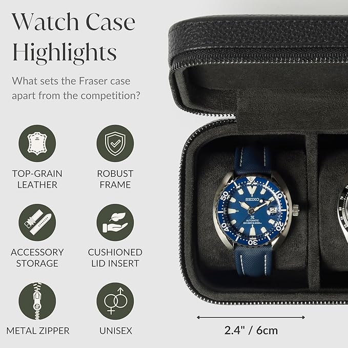 TAWBURY 3 Watch Case for Men – Luxury Leather Watch Travel Case for Men | Black Watch Cases for Men Travel | Traveling Watch Holder for Men | Black Watch Roll Case | 3 Watch Box for Men Travel