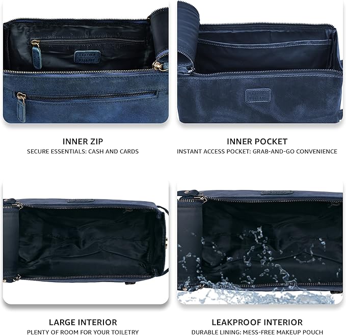 LEATHER VILLAGE Premium Leather Travel Toiletry Bag - Unisex Water-Resistant Travel Dopp Kit, Shaving & Cosmetic Organizer for Men & Women - Compact Bathroom Essentials - Royal Blue