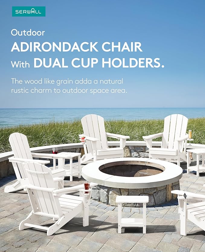 SERWALL Adirondack Chair with Cup Holders - Composite Adirondack Chairs Set of 8 HDPE Outdoor Chairs All Weather Use- White