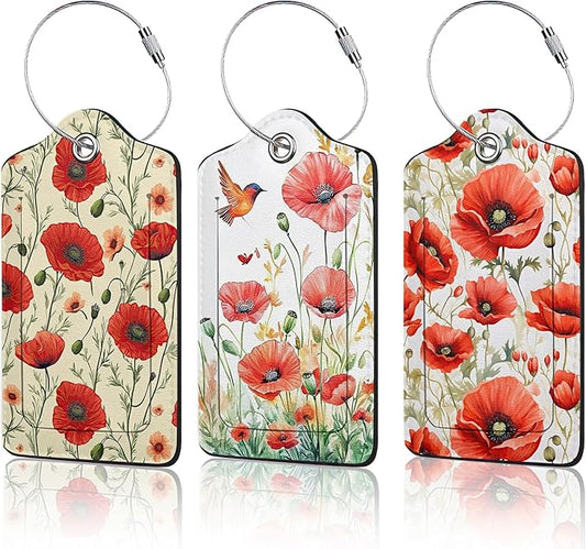 3 PCS Red Poppy Flower Luggage Tags,Suitcase Tags Privacy Cover ID Label with Stainless Steel Loop and Address Card for Travel Bag Suitcase