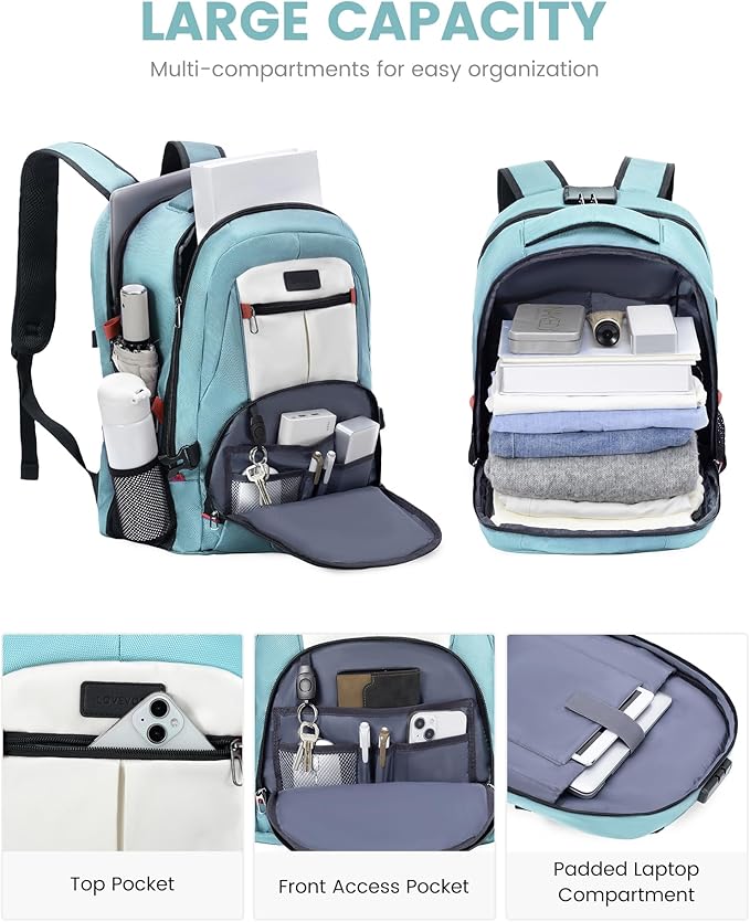 LOVEVOOK Travel Laptop Backpack Waterproof Anti Theft Backpack with Lock and USB Charging Port Large Computer Business Backpack for Women College Backpack (17 inch,Paleturquoise & White