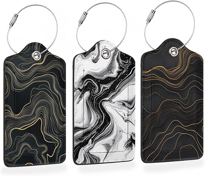 Abstract Line Art 3 Pack PU Leahter Luggage Tag with Stainless Steel Loop, Monochrome Marble Travel Suitcase Labels with Privacy Cover ID Label Quickly Spot for Bags