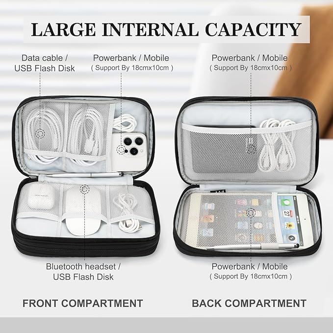 FYY Electronic Organizer, Large Travel Cable Organizer Bag Pouch Electronic Accessories Carry Case Portable Waterproof Double Layers All-in-One Storage Bag for Cable, Cord, Charger, Pattern Black