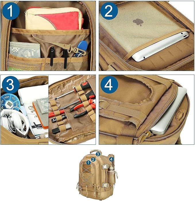 Large Tactical Backpack for Men Military Backpack with DIY System for Travel, Work,Camping,Hunting,Hiking,Sports (TAN)