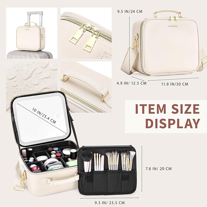 Travel Makeup Bag with Mirror and Light, Cosmetic Artist Organizer Case with LED Mirror, Travel Makeup Case for Cosmetic Brush Holder Storage, Toiletry Case for Women Gift