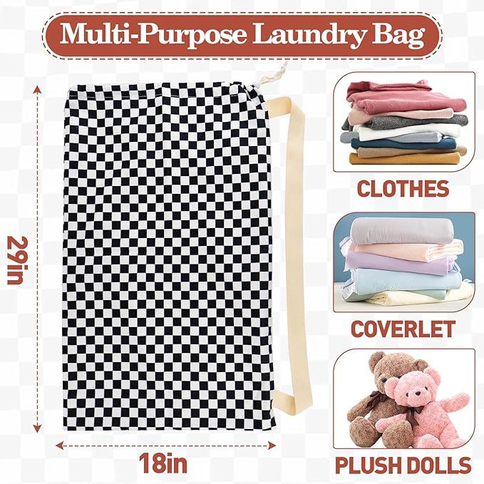 Laundry Bag, Dirty Backpack Laundry Bag For College Travel Laundromat Apartment, With Handles 29" X 18" (Black White Checkered)