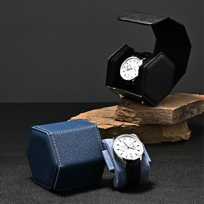 Oirlv Luxury Hexagonal Leather Watch Travel Case Single Watch Box for Men Portable Jewelry Storage Roll Organizer(1-Slot,Blue)