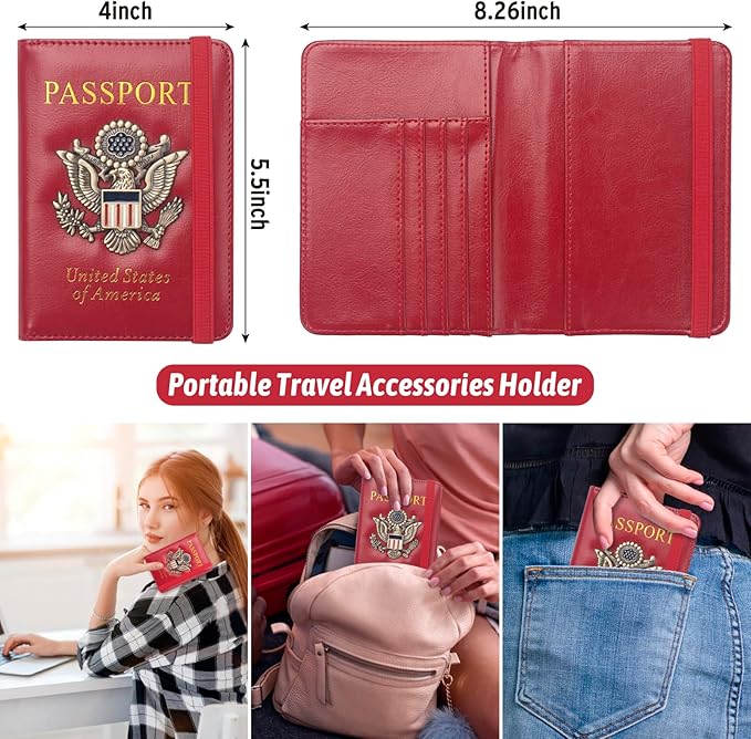 Coowayze US Passport Holder Wallet for Travel Men Women Red RFID Passport Cover Case, Waterproof Red Leather Passport Book Protector with Vaccine Card Slot Travel Document Organizer