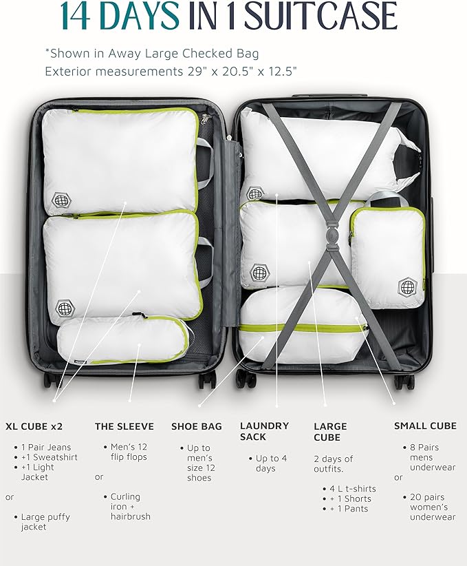 Large Compression Packing Cubes for Travel-Packing Cube Luggage Organizers 7 Piece Set for Checked Luggage-Ultralight, Expandable/Compression Bags by TRIPPED Travel Gear (White/Green)