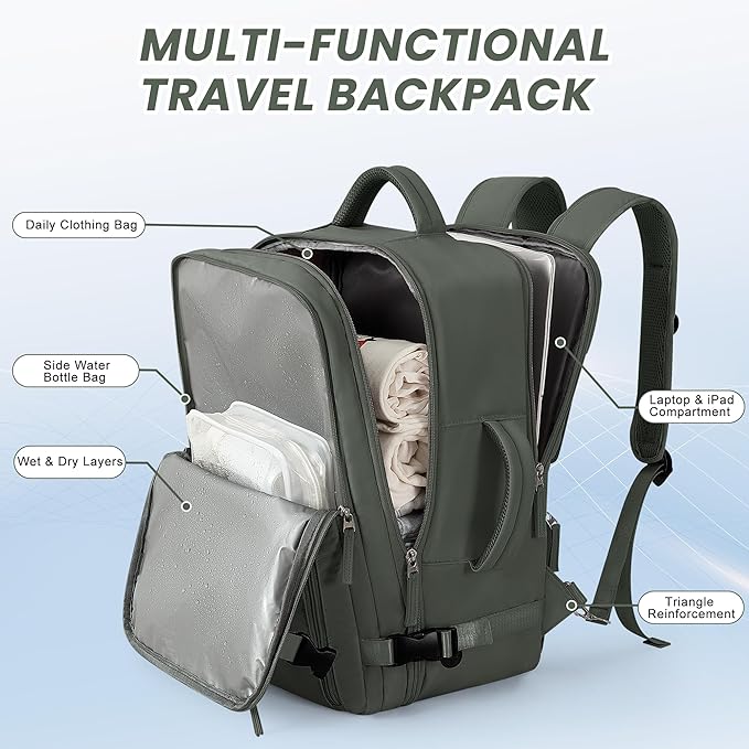 Beraliy Travel Backpack for Men Women, Carry On Backpack, 16 Inch Laptop Backpack, Waterproof Hiking Backpack, Casual Outdoor Daypack College Bag, Olive-green