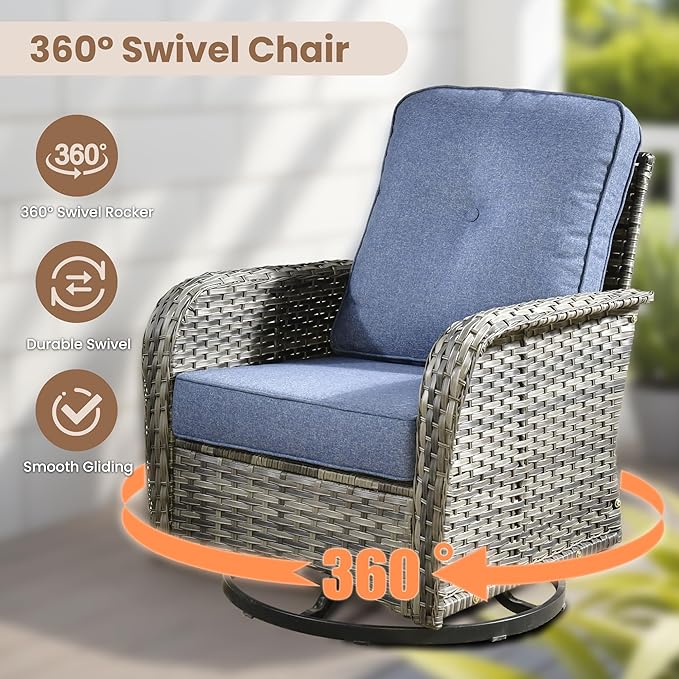 HOOOWOOO Patio Furniture Set,3 Pieces Outdoor Conversation Set,All Weather Wicker High Back Swivel Chairs Bistro Set with Side Table,Denim Blue