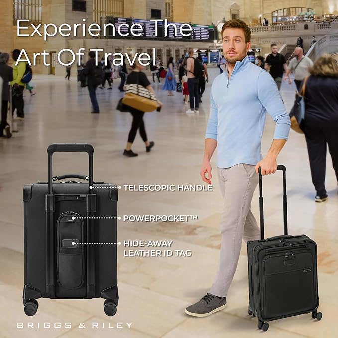 Briggs & Riley Compact 19" Carry-On Expandable Spinner - Carry On Luggage for Travel, Suitcases with Wheels, Softside Rolling Bag for Men & Women, Garment Panels - Baseline Collection, Black
