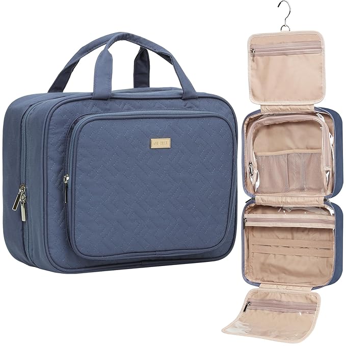NISHEL Travel Toiletry Bag for Women Large Capacity, Makeup Essentials Organizer, Hanging Case for Accessories, Cosmetics, Aegean-Blue
