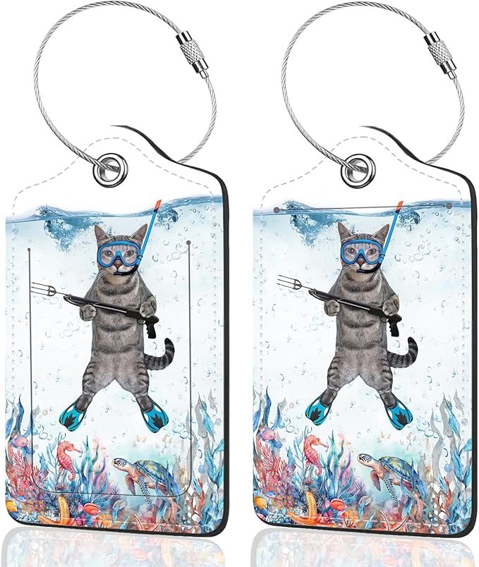 2Pack Luggage Tags for Suitcases, Cute Unique Pu Leather Cruise Luggage Tag with Privacy Cover ID Label Address Card and Metal Ring Suitable for Women Men Kids Travel Bag The Diving Cat
