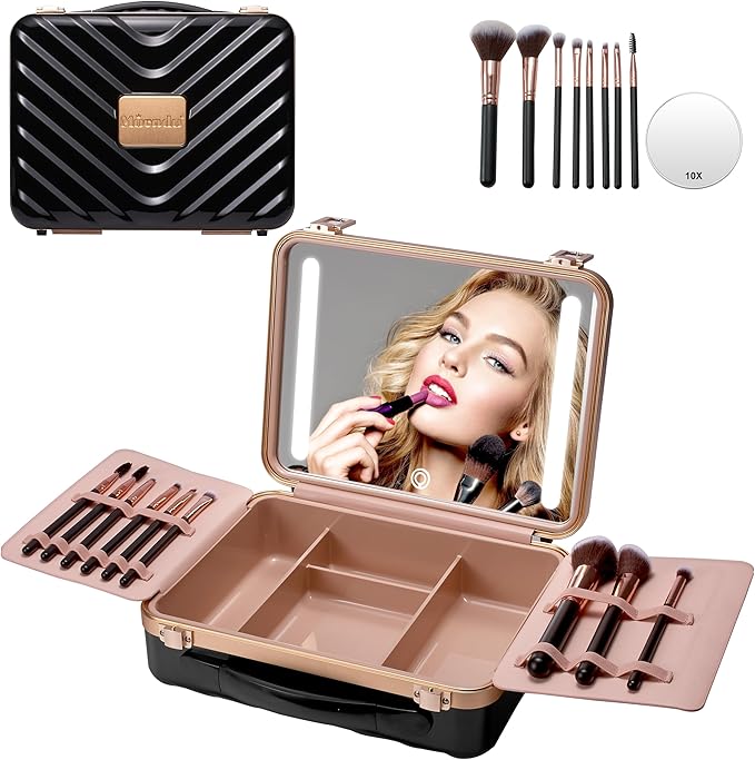 Mocado Travel Makeup Case with Lighted Mirror, Makeup Box with 8 Makeup Brushes and 10x Magnifying Mirror,Cosmetic Case Adjustable Brightness Makeup Train Case with Makeup Brushes Divider(Black)