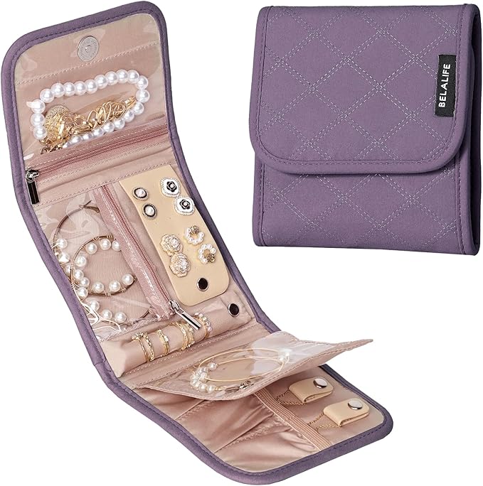 BELALIFE Travel Jewelry Case Organizer, Small Foldable Storage Roll for Earrings, Necklaces, Rings, Bracelets, Brooches, Purple